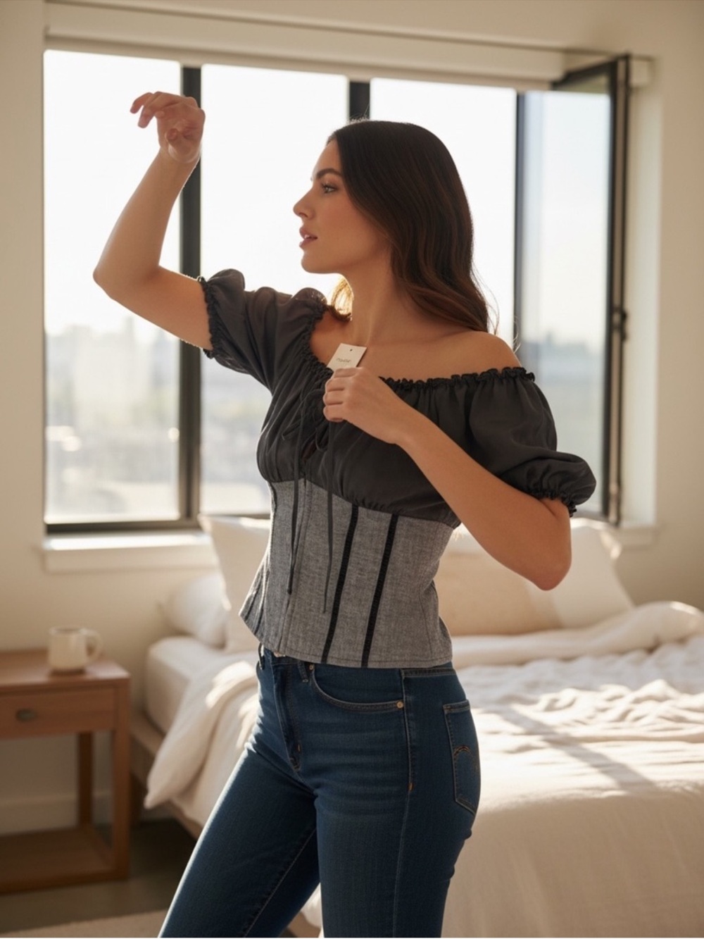 Off-Shoulder Black Puff Sleeve Corset Top